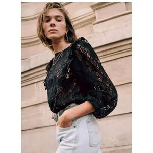 Sezane Salina Lace Blouse Shirt Black Sz 34
